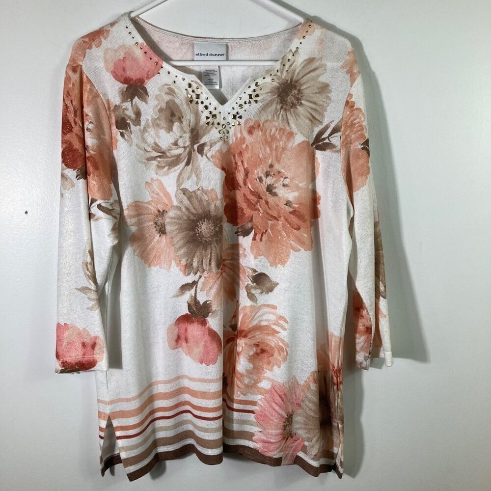 Womens Alfred Dunner 3/4 Sleeve Floral Sweater Light Weight Cream Orange M